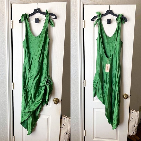 Cult Gaia Dress Dehlila Satin Silky Slinky Backless Adjustable Tie Fern L NWT - Picture 2 of 10